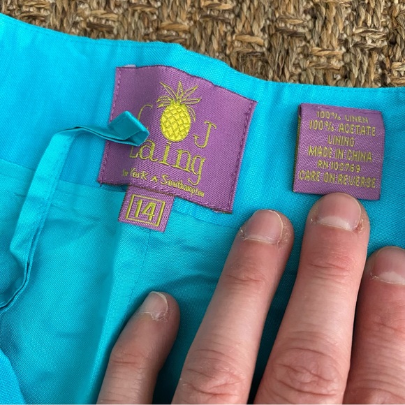 CJ LAING 100% Linen Pants Aqua with Embroidered Seahorses 14 - Picture 3 of 3